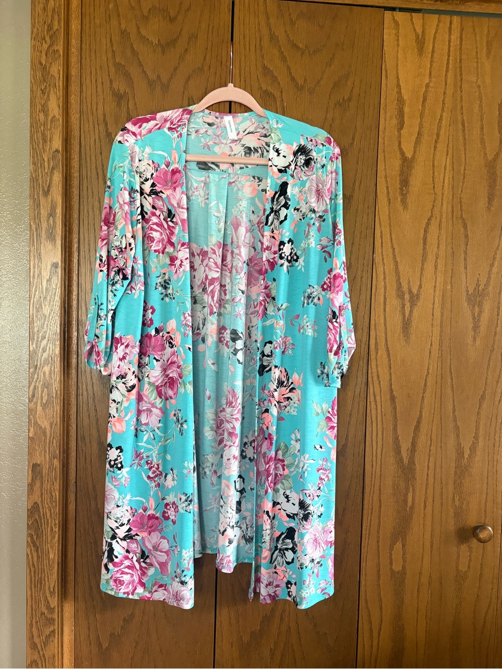 Honeyme Aqua Floral Kimono with Pink Blooms